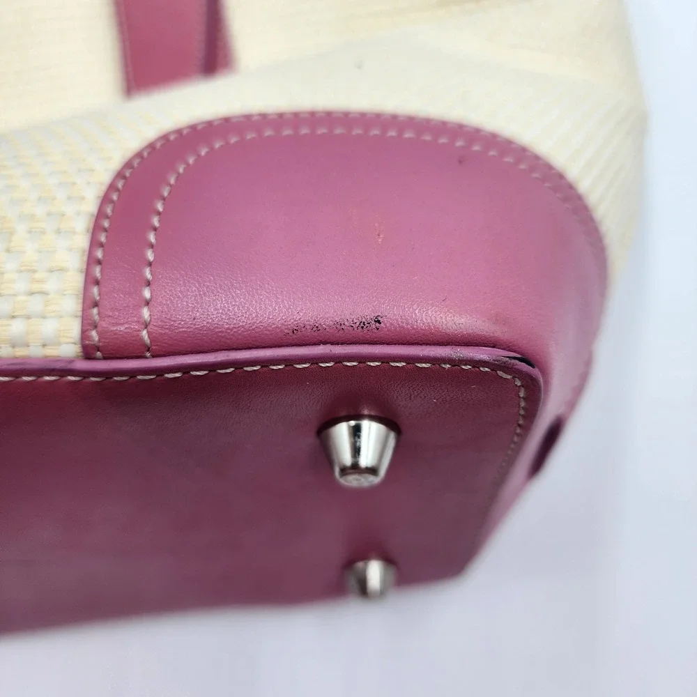 Y2K Coach Woven Straw Tote Bag Pink Leather Trim Buckle Preppy Shoulder Purse